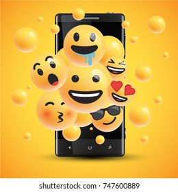 Different realistic smileys in front of a cellphone, vector illustration