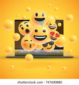 Different realistic smileys in front of a notebook, vector illustration