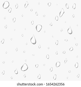 Different realistic transparent water drops. Glass bubble drop condensation surface on isolated background. Vector clean drop splash