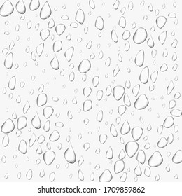 Diferentes gotas de agua transparentes y realistas. La superficie de condensación de la burbuja de vidrio cae sobre fondo aislado. Desplome de caída del vector limpio