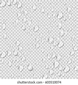 Different realistic transparent water drops. Glass bubble drop condensation surface on isolated background. Vector clean drop splash