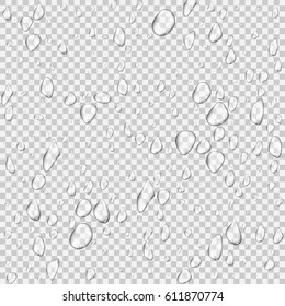 Different realistic transparent water drops. Glass bubble drop condensation surface on isolated background. Vector clean drop splash