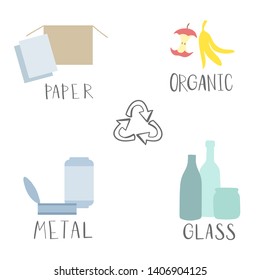 Different recycling garbage waste types sorting processing, treatment remaking trash utilize icons vector illustration. 