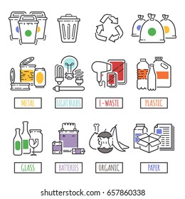 Different recycling garbage waste types sorting processing, treatment remaking trash utilize icons vector illustration.