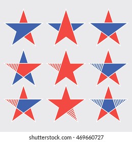 Different red and blue five-pointed stars