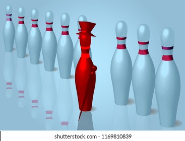 different. red bowling pin with hat and stick leader 