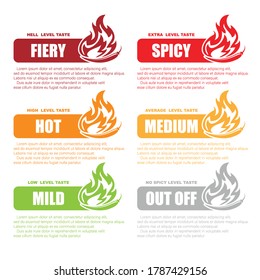 Different red chilli pepper silhouettes for food spicy level identification. Sample text and symbol with different colors