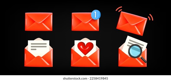Different red envelopes opened and closed. 3d vector clipart isolated on black background