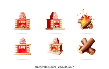 Different red fireplace, chimney, and campfire 3d vector illustration set collection. Minimalist cozy render style for winter or warmth concept design.