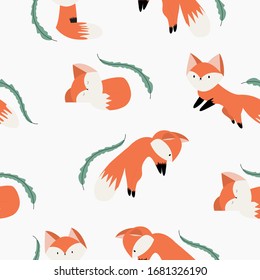 Different red fox. Seamless pattern of cute animals. Colorful children's template for prints, backgrounds, wallpapers. All elements are isolated.