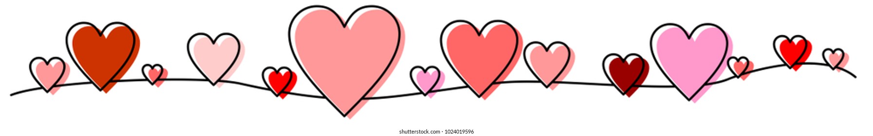 different red hearts on an ribbon