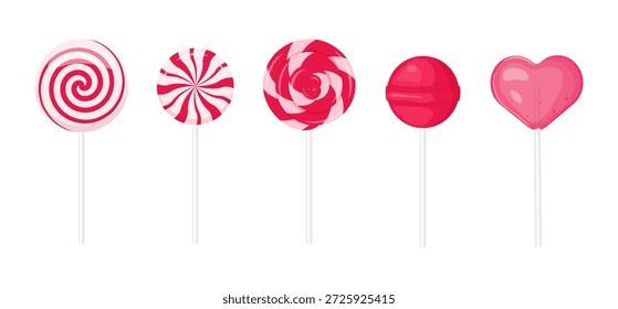 Conjunto de piruletas rojas diferentes. Ilustración vectorial de caramelos.