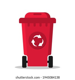 Different red recycle waste bin. Trash can closed isolated on white background. Recycling and processing symbol. Vector illustration