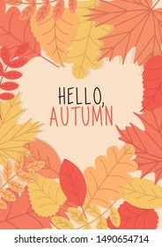different red, yellow, orange autumn leaves form a heart shape. Hello autumn postcard