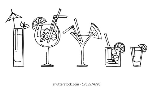 Different refreshing cocktails, freehand drawing black contour on white background