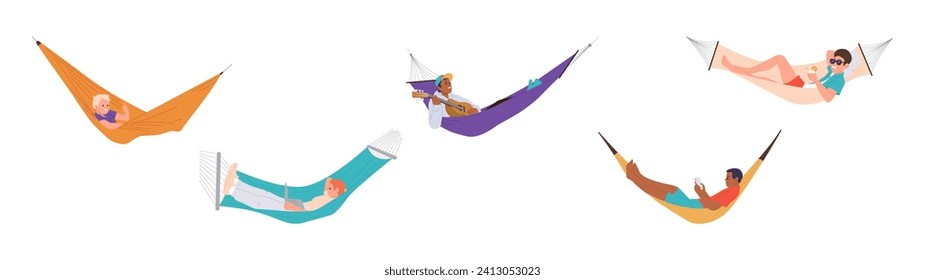 Different relaxed people cartoon characters enjoying rest and various activities in hammock set