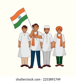 Diferentes Hombres Religiosos Mostrando Unidad En La Diversidad De India Con Bandera Nacional En Fondo Blanco.