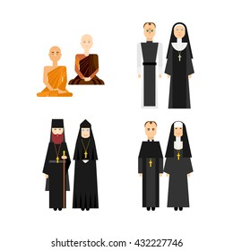 Different religion monk set. Confession man and women couples. Religions peoples vector flat icons. Orthodox, catholic, buddhism religion people character illustration.