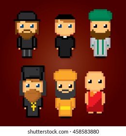 Different religion people confession man icons set. Pixel art. Old school computer graphic style. Games elements.