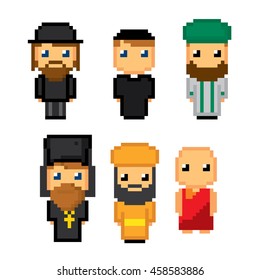 Different religion people confession man icons set. Pixel art. Old school computer graphic style. Games elements.