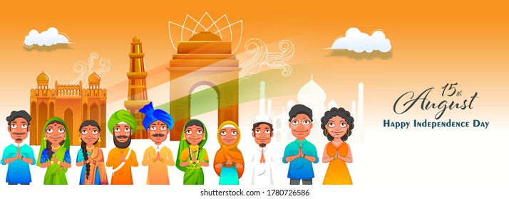 Different Religion People Doing Namaste (Welcome) Showing Diversity Of India And Famous Monuments Illustration For 15th August Celebration Concept.