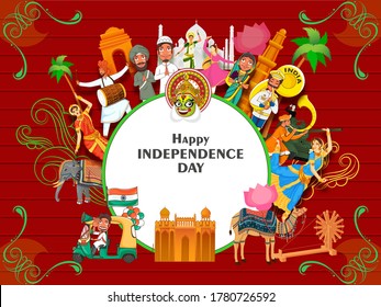 Different Religion People Showing Their Culture With India Famous Monuments, Animals, Classical Dancer And Band Players On Red Wooden Background For Independence Day Celebration.