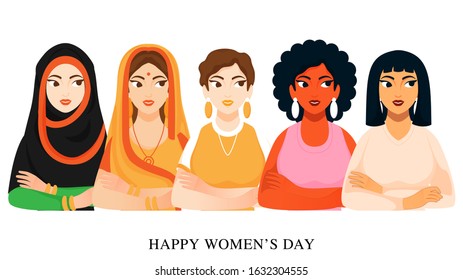 Different Religions Female Group on White Background for Happy Women's Day Celebration Concept.