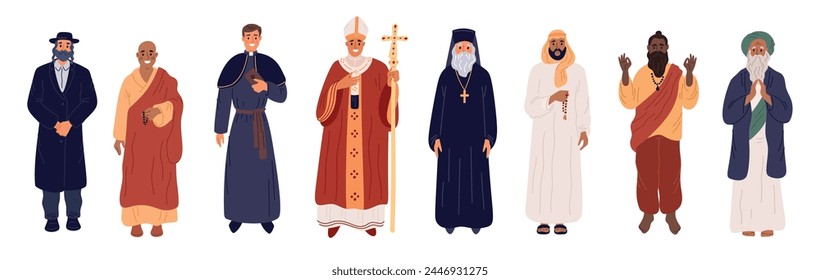 Different religions priests. Religious characters in ceremonial clothes. God worship. Christian and Muslim. Various faith prayers. Judaism, Islam or Hindu people. Garish