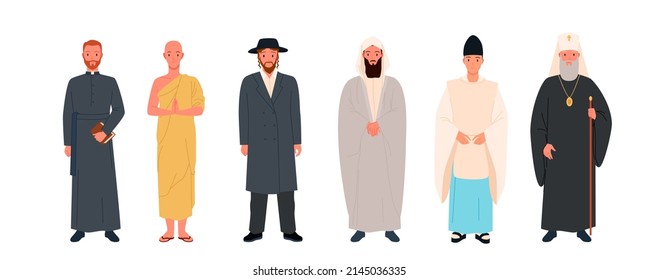 Different religious leaders infographic vector illustration set. Cartoon buddhist monk and catholic priest, pastor and christian pope, diversity of holy fathers isolated on white. Religion concept