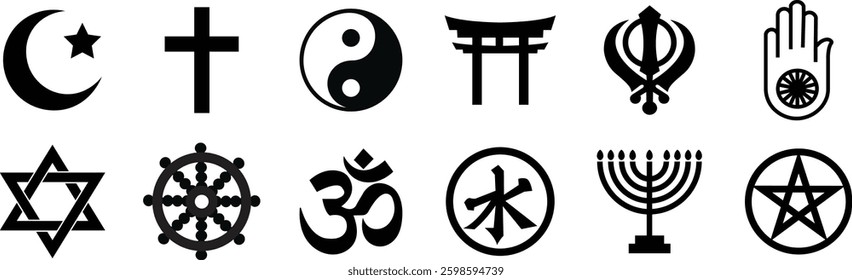 Different religious symbols icon set. Religion Silhouette signs isolated on transparent background. Islam, Christian, Buddhist, Hindu, Sikh, Shinto, Judaism, Taoism symbols icons. Vector illustration.