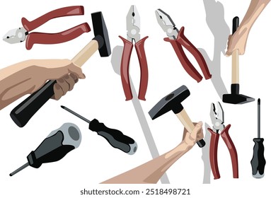 Different repair tools. Industrial tools. Vector illustration. Isolated on white background