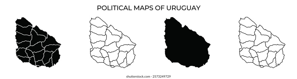 Different representations of Uruguays political boundaries are displayed, highlighting unique stylizations. Each map has distinct outlines, showcasing the countrys regions.