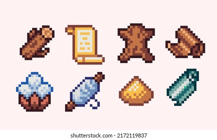 Different resources pixel art set. Material collection. Fabric, leather, glass, wood, sand and cotton. 8 bit sprite. Game development, mobile app.  Isolated vector illustration.