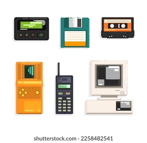 Different Retro Gadgets with Floppy, Cassette, Phone, Computer and Tetris Vector Set