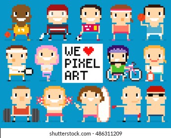 Different retro pixel art sport characters: basketball, hockey, soccer players, surfer, swimmer, boxer, bike rider and other