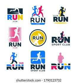 Different retro running flat logo set. Colorful silhouettes of runners and athletes jogging marathon vector illustration collection. Sport club, active lifestyle and exercise concept