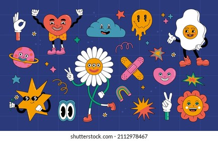 Diferentes emoticones retro, formas abstractas, cara de sonrisa, corazón y graciosos personajes cómicos lindos dibujos animados. Ilustración vectorial dibujada a mano aislada en fondo azul. Estilo moderno de dibujos animados planos