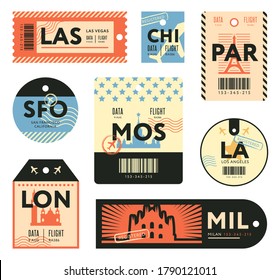 Different Retro Tickets For Travelers Flat Stamps Set. Colorful Baggage Tags And Luggage Airplane Stickers Vector Illustration Collection. Trip And Design Template Concept