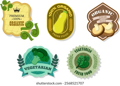 Different retro vegetables banner and label.Packaging tags with shiitake, Fiddleheads, zucchini, spinach, broccoli.Set of seasonal vegetables labels stickers and marks or badges template for packaging