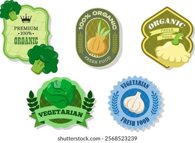 Different retro vegetables banner and label.Packaging tag with patissons, iceberg lettuce, onion, garlic, broccoli.Set of seasonal vegetables labels stickers and marks or badges template for packaging