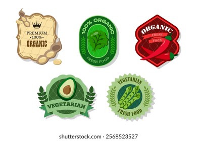 Different retro vegetables banner and label.Packaging tag with chili pepper, soybeans, lettuce, avocado, asparagus.Set of seasonal vegetables labels stickers and marks or badges template for packaging