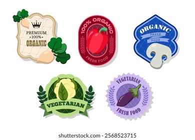 Different retro vegetables banner and label.Packaging tags with turnip, eggplant, cauliflower, pepper, champignons.Set of seasonal vegetables labels stickers and marks or badges template for packaging