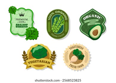 Different retro vegetables banner and label.Packaging tag with lettuce leaves, avocado, asparagus, cabbage, turnip.Set of seasonal vegetables labels stickers and marks or badges template for packaging