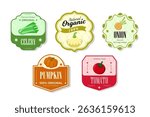 Different retro vegetables banner and labels. Packaging tags with celery, onion, pumpkin,, tomato. Set of seasonal vegetables labels stickers and marks or badges template for packaging