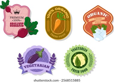 Different retro vegetables banner and labels. Packaging tags with beetroot, eggplant, cauliflower, carrot, fennel. Set of seasonal vegetables labels stickers and marks or badges template for packaging