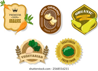 Different retro vegetables banner and labels. Packaging tags with carrot, shiitake, zucchini, turnip, cabbage. Set of seasonal vegetables labels stickers and marks or badges template for packaging