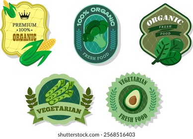 Different retro vegetables banner and labels. Packaging tags with corn, spinach, broccoli, avocado, asparagus. Set of seasonal vegetables labels stickers and marks or badges template for packaging