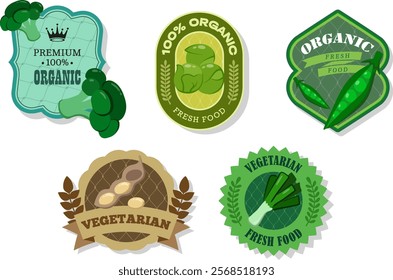 Different retro vegetables banner and labels. Packaging tags with Brussels sprouts, peas, broccoli, leek, soybeans.Set of seasonal vegetables labels stickers and marks or badges template for packaging