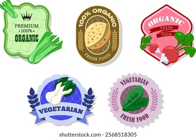 Different retro vegetables banner and labels. Packaging tags with radish, Bok choy, sorrel, almond, celery. Set of seasonal vegetables labels stickers and marks or badges template for packaging