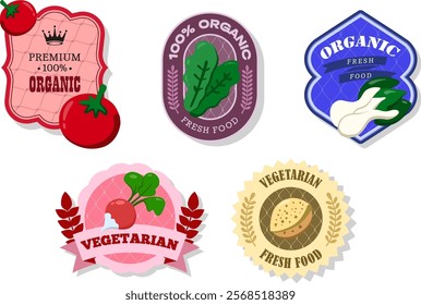 Different retro vegetables banner and labels. Packaging tags with Bok choy, sorrel, almond, tomato, radish. Set of seasonal vegetables labels stickers and marks or badges template for packaging